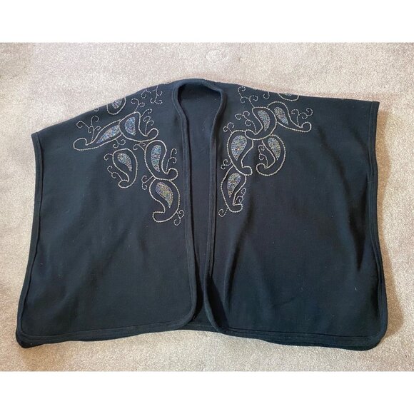 Black Open Front Shawl Iridescent Bead Sequin Paisley Design One Size Fits Most - Picture 3 of 6